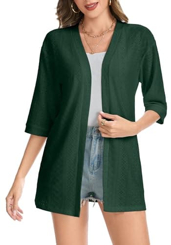 Dimur Coverups for Womens 3/4 Sleeve Summer Cardigans Business Casual Lightweight Kimono Beach Vacation Outfits Dark Green X-Large - Thumbnail 2