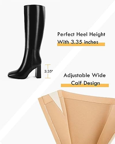 Coutgo Womens Wide Calf Knee High Boots Chunky High Heel Square Toe Fashion Leather Shoes with Side Zipper,Black,Size 6.5 - Thumbnail 2