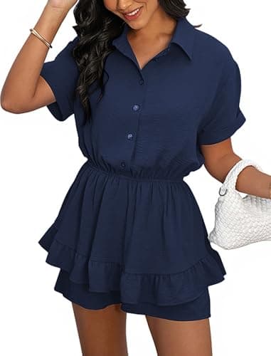 Angashion Womens Summer Shorts Romper: Self Tie V Neck Layer Ruffle Hem Romper Dress with Pockets 2492Navy Blue Small - Image 1