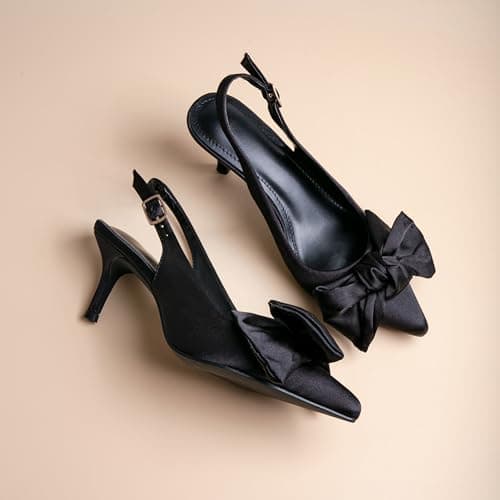 RUSAUISE Black Heels with Bow Pumps Satin Kitten Heels Sexy Slingback Heels Dress Shoes Comfortable Closed Pointed Toe High Heel Elegant Silk Size 8.5 - Thumbnail 5