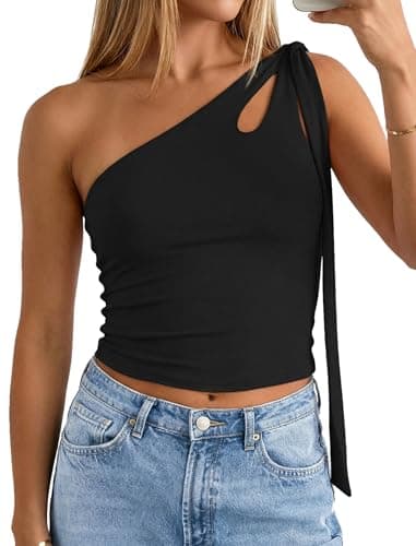 Matunana Womens One Shoulder Tops - Going Out Crop Y2k Cute Tank Top, 2026 Summer Shirt Trendy Outfits Black L - Image 1