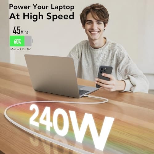MFish 240W USB-C to USB-C Cable (PD 3.1 EPR), 480Mbps Speed, Fast Charging Type C Cable for MacBook Pro/Air, iPhone 17/16 Pro, Galaxy S25/S24, Laptops, iPad, Durable Silicone, 6FT Grey - Thumbnail 3