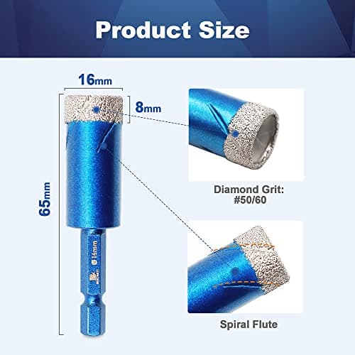 BRSCHNITT 16mm Diamond Hole Saw Drill Bit - 2pcs/Pack, Hex Shank Dry Drilling Diamond Core Drill Bit Set for Porcelain, Ceramic, Stone, Granite, Marble - Thumbnail 2