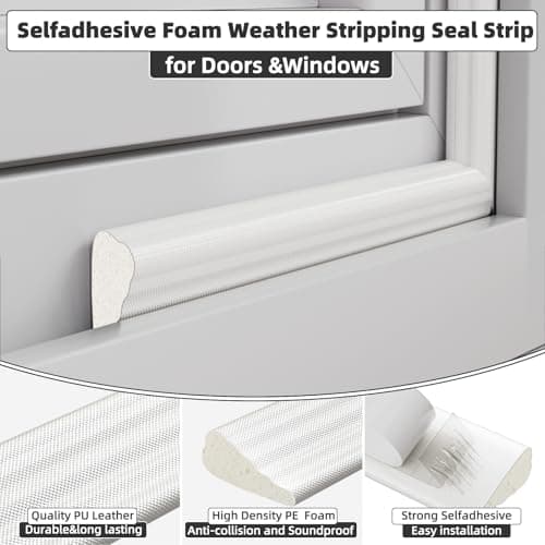 16.4 Ft Weather Stripping Seal Strip for Doors/Windows,Soundproofing Window Insulation Draft Stopper for Winter, Selfadhesive Foam Weather Strip for Door Frame,Door Gap Filler Noise Blocker(White) - Thumbnail 2