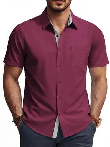 PJ PAUL JONES Mens Button Down Untucked Shirt Short Sleeve Casual Solid Dress Shirt Wrinkle Free with Pocket Red XXL - Image 1