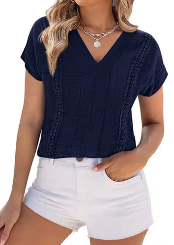 PRETTYGARDEN Blouses for Women Dressy Casual Spring 2026 Cap Sleeve V Neck Lace Trim Boho Tops Work Shirts Summer Clothes (Navy Blue,Large) - Image 1