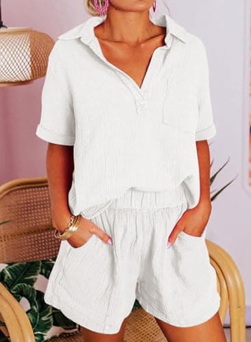 Dokotoo Two Piece Outfits 2026 Stylish Casual Solid V Neck Short Sleeve Tops 2 Piece Outfits for Women Summer Sexy Trendy Soft Elastic High Waisted Shorts with Pockets Workout Jumpsuit White S - Thumbnail 2