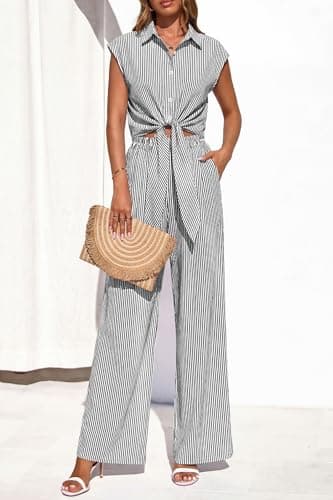 PRETTYGARDEN 2 Piece Sets For Women Summer Striped Button Down Tie Front Crop Tops Wide Leg Pants Floral Lounge Set 2026(Striped Black,Small) - Thumbnail 3