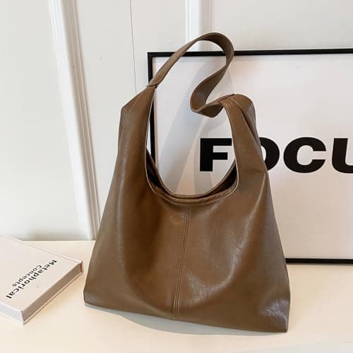 JueiXeoy Leather Hobo Bags for Women Slouchy Tote Bag Retro PU Leather Purse Soft Shoulder Handbags Large Work Tote Bag 2pcs Khaki - Thumbnail 3