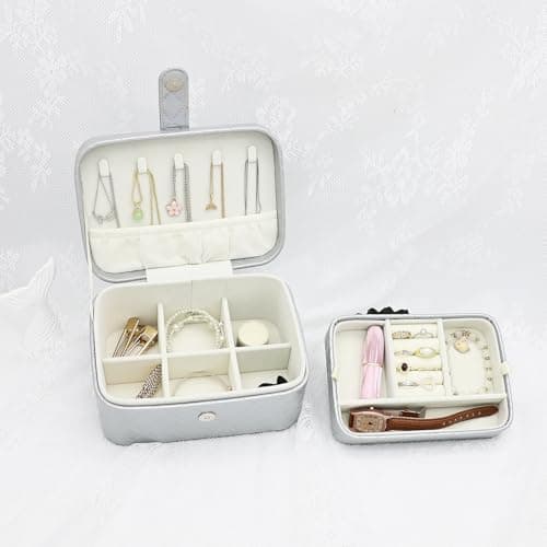 Cuifdem Jewelry Travel Case, 2-Layer Jewelry Box Organizer Medium Jewelry Travel Box, Portable Faux Leather Jewellery Storage Boxes with Argyle for Women, Daily Jewellery Case Home Use (Silver gray) - Thumbnail 4