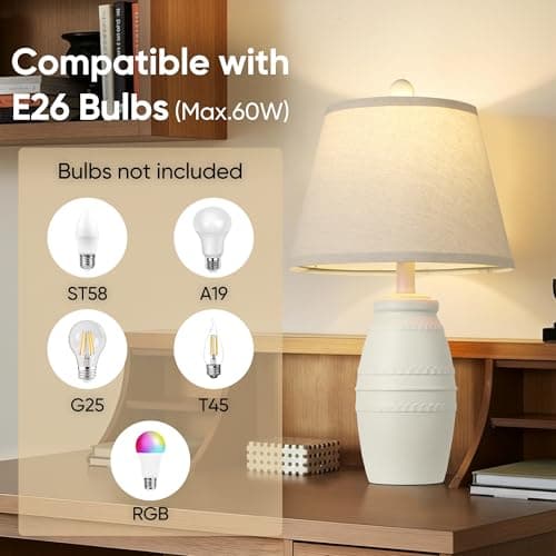 QiMH 21.5" Lamps Set of 2, Farmhouse Lamps for Living Room, Modern Table Lamp for Bedroom, Vintage Rustic Nightstand Lamp with Linen Shade, Retro Bedside Lamp for Office Home, White - Thumbnail 4