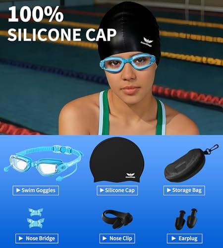 AzureWings 7 in 1 Swim Goggles + Swim Cap for Men Women,No Leak Anti-Fog & UV, Wide Visio HD Mirror PC Lens (light blue) - Thumbnail 5