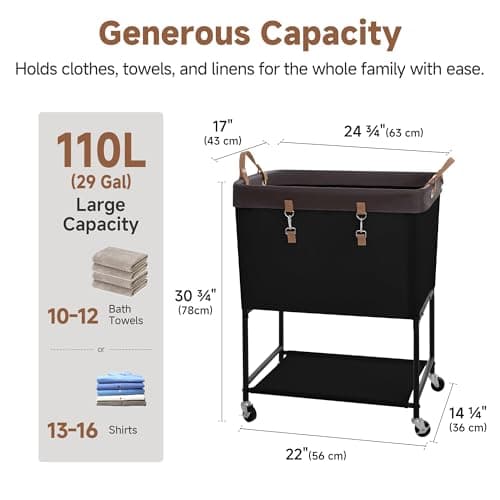 StorageWorks Laundry Cart, 2 Tier Rolling Laundry Basket, Heavy Duty Laundry Basket with Lockable Wheels, Laundry Room Organization and Storage, Clothes Hamper for Bedroom, Dorm, Closet, 29Gal, Black - Thumbnail 3