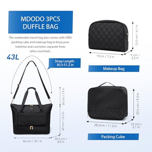 MDODO Travel Duffel Bag for Women Weekender Overnight Carry on Tote with Shoe Compartment Wet Pocket for Business Trips Travel Sports Gym Yoga Hospital, 3 Pcs Set, 43L, Black, Water-Resistant Nylon - Thumbnail 2