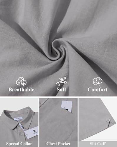 JEKAOYI Button Down Linen Shirts for Men Short Sleeves Cotton Casual Shirt with Pockets for Summer Beach Grey - Thumbnail 5