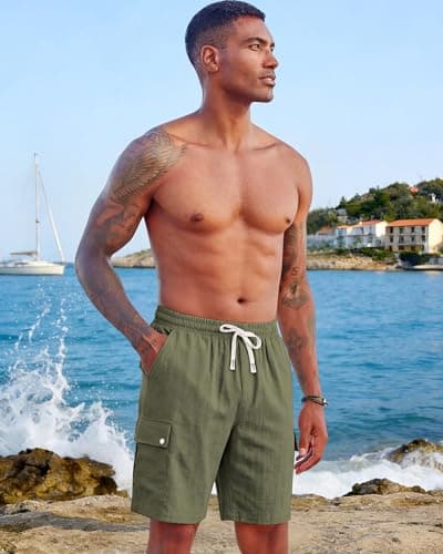 TRFIC Men's Cotton Linen Cargo Shorts - Elastic Waist with Drawstring, 6 Pockets, Summer Beach Vacation, Casual Lounge X-Large Army Green - Thumbnail 2