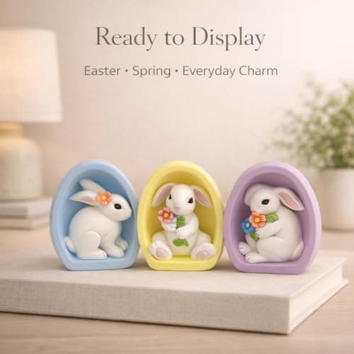 GoGnome Resin Easter Bunny Alcove Figurines, Set of 3 – Pastel Egg Frame Bunny Decor, Spring Shelf & Mantel Display, Cute Seasonal Home Accent (Blue/Yellow/Purple) - Thumbnail 2
