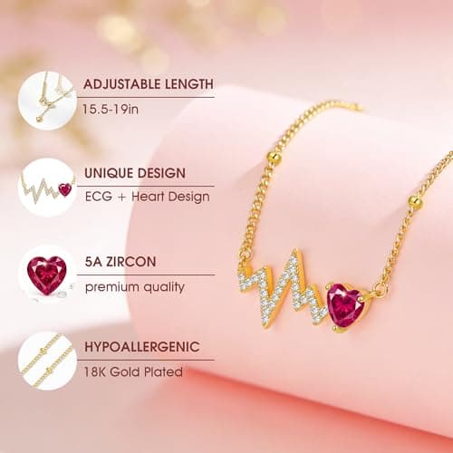 Helirose Heartbeat Heart ECG Pendant Necklace for Women, Dainty 18K Gold Plated Jewelry, Hand-set Cubic Zirconia, 19" Adjustable Chain, Mother's Day, Graduation, Anniversary, Daughter & Birthday Gifts (Red) - Thumbnail 3