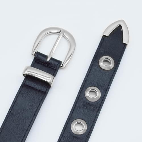 EONTISO Women Studded Leather Belt for Jeans, Punk Silver Grommets, Western Silver Buckle Black S - Thumbnail 4