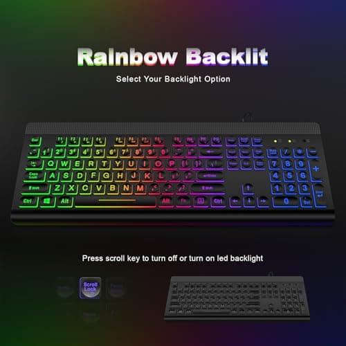 Atelus Large Print Backlit Keyboard, USB Wired Computer Keyboard, Full Size Keyboard with Rainbow Illuminated LED Compatible for Windows Desktop, Laptop, PC, Gaming, Black - Thumbnail 5