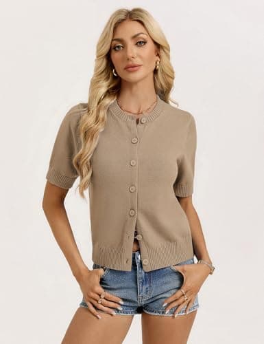 GRACE KARIN Womens Khaki Short Sleeve Cardigan, 2026 Basic Summer Cardigan Sweater, Cropped Cotton Shrug Sweater - Thumbnail 2