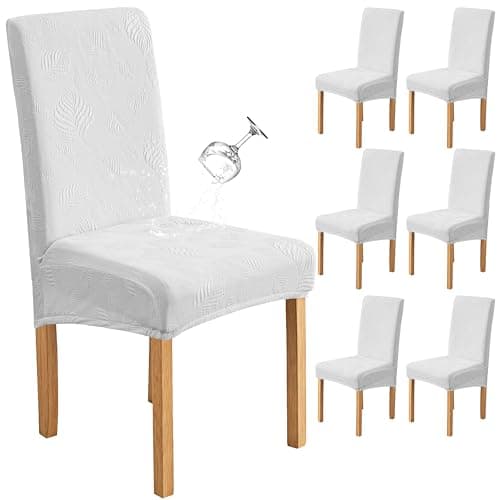 Genina Waterproof Dining Chair Covers Set of 6,Stretch Dining Room Chair Slipcovers with Leaf Jacquard,Removable Kitchen Chair Protector for Home,Restaurant,Banquet-White - Image 1