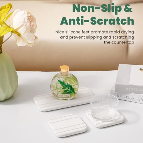 3PCS Water Absorbing Diatomaceous Earth Tray for Sink, Fast Drying Soap & Toothbrush Holders for Bathroom Counter, 1 Stone Tray, 2 Stone Coasters - Thumbnail 6