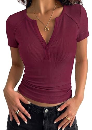PRETTYGARDEN Womens Short Sleeve Henley Shirts 2026 Summer Trendy Ribbed Tops Fitted V Neck Button Up T Shirts Spring Blouses (Burgundy,Large) - Image 1
