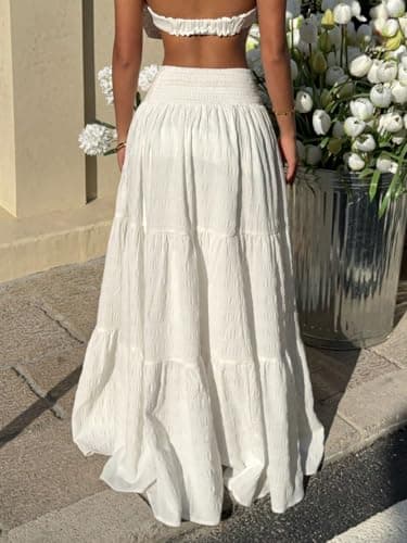 ZAFUL Women’s Summer Boho Maxi Skirts Bohemian Print Smocked High Wasited Flowy Tiered Ruffle Long Beach Skirt 1-White XS - Thumbnail 2