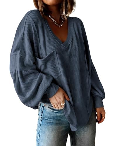 BTFBM Womens Fall Fashion 2026 Long Sleeve Shirts Casual V Neck Ribbed Knit Blouses Pullover Trendy Loose Fit Tunic Tops(Solid Light Grey Blue, Small) - Image 1