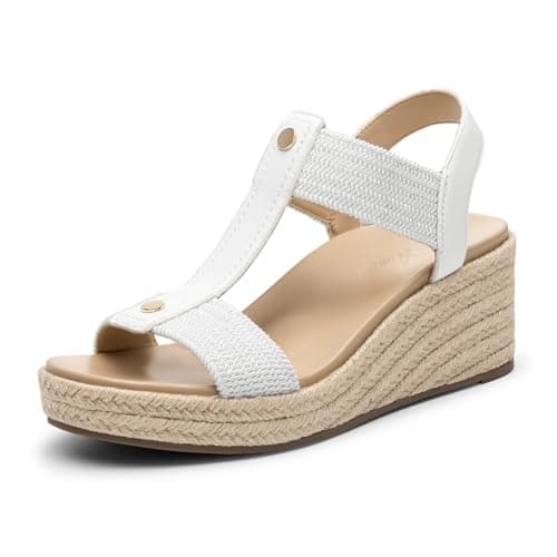 Athlefit Espadrille Wedge Sandals for Women Platform Comfortable Dressy Casual Open Toe Elastic Strap White Sandals with Arch Support for Summer Walking Size 9.5 - Image 1