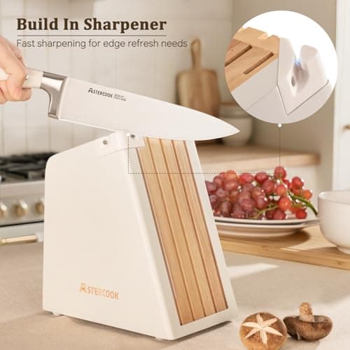 Astercook Knife Set, Kitchen Knife Set with Block and Sharpener, 12 Pcs Ultra-Sharp High Carbon Stainless Steel Knife Block Set with Non-Slip Full Tang Ergonomic Handle, Cream White Cutlery Set - Thumbnail 4