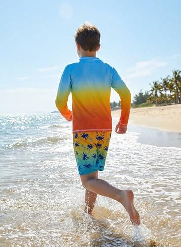 Belovance Boys Two Piece Rash Guard Swim Set Kids Long Sleeve Bathing Suit Swimwear Shirt with Trunks Swimming Suits Surfing Beach Clothes Quick Dry Size 9 10 Blue Orange Coconut Tree - Thumbnail 2