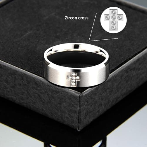 SYDNFZY Mens Wedding Band Ring - 8mm Stainless Steel Engagement Promise Rings for Men Women, Cross Classic Ring with Cubic Zirconia for Men Jewelry Gift Ring Size 6 7 8 9 10 11 (Silver, 11) - Thumbnail 4