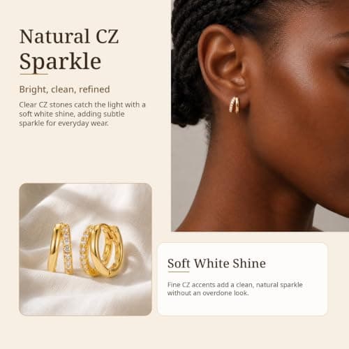 Small Gold Huggie Hoop Earrings for Women, Cubic Zirconia Double Hoops - Thumbnail 3