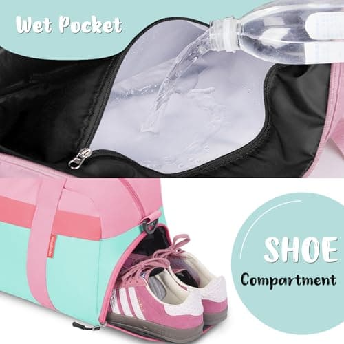 WOOMADA Travel Duffle Bag, Weekend Bag with Wet Pocket & Trolley Sleeve, Overnight Bag With Shoe Compartment, Fit for Sports Practice, Travel and Gifts(pink green) - Thumbnail 4