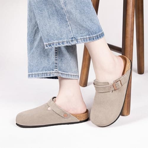 Brelzo Calvior Womens Suede Clogs Mens Leather Mules Arch Support Potato Shoes Slip On Slipper Sandals with Adjustable Buckle for Outdoor Use, Tan Size 12 - Thumbnail 2
