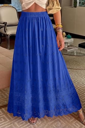 dowerme Women Summer Maxi Skirt Cute Elastic High Waist Boho Eyelet A-Line Cotton Flwoy Long Skirts Spring Clothes 2026(Blue,X-Large) - Thumbnail 2