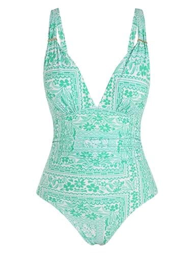 ZAFUL Womens Sexy V Neck One Piece Swimsuit Ruched Tummy Control Bathing Suit Backless Slimming Monokini (Green Floral, Small) - Thumbnail 6