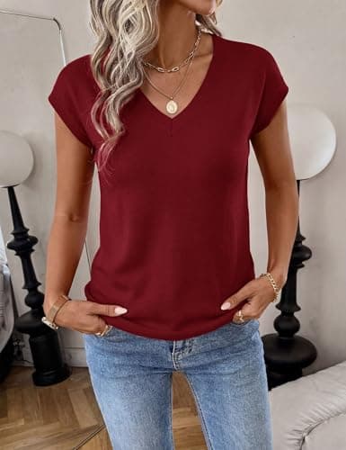 LaGracia Short Sleeve Sweater for Women V Neck Wool Blend Cashmere Cropped Sweaters Business Casual Cap Sleeve Sweater Tops Summer Trendy Outfits Dark Red S - Thumbnail 4