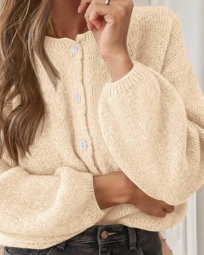 KIRUNDO Women’s Cardigans Casual Loose Button Up Long Sleeve Crewneck Knit Cardigan Sweaters Open Front Outerwear Coats(Cream, Large) - Thumbnail 4