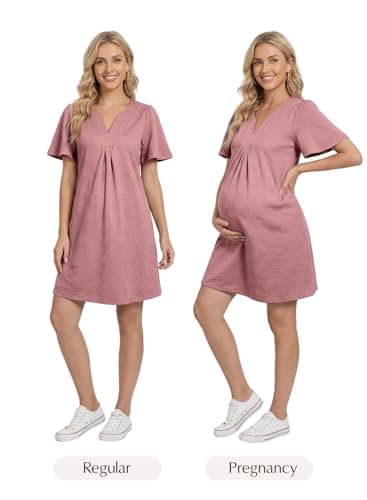 BLENCOT Womens Summer Chic Loose Dress Split V Neck Flutter Short Sleeve Embossed Textured Casual Swing Mini Dress Dusty Pink XL - Thumbnail 4