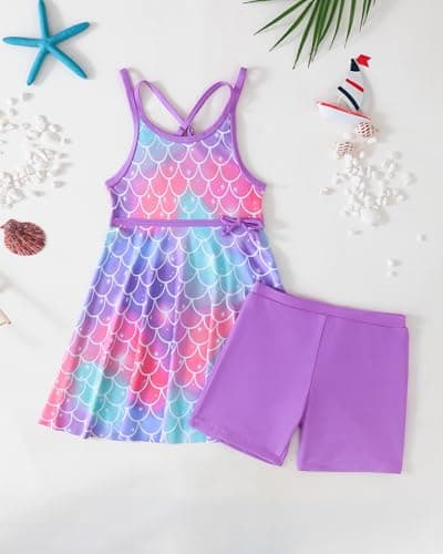 sweetabby Girls Swimsuit Toddler Bathing Suit Purple Mermaid Swimsuit Girl Cover Up Swim Dress with Shorts 2 Piece Tankini Set Kids Swimwear Size 6 7 - Thumbnail 2