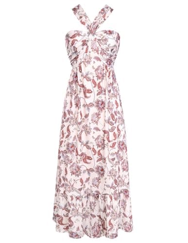 GRACE KARIN Womens Summer Floral Dresses 2026 Boho Maxi Dress Flowy Halter Sundress Casual Vacation Beach Clothes with Pocket Blue Floral L - Image 1