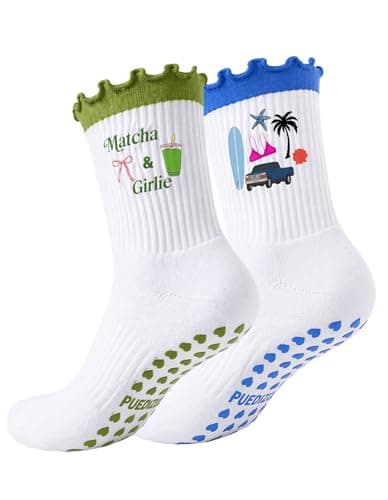 Puedizux Women Cute Pilates Socks Grip Crew Yoga Socks Ruffle Cuff Embroidery Ballet Socks - Image 1