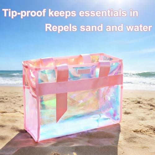 Gryvol 2-Piece 26L Iridescent Beach Bag for Women, Purple Tote Bag with Snap Closure & Pink Clear Bag with Zipper, Waterproof Large Beach Totes for Family Summer Travel Essentials - Thumbnail 2