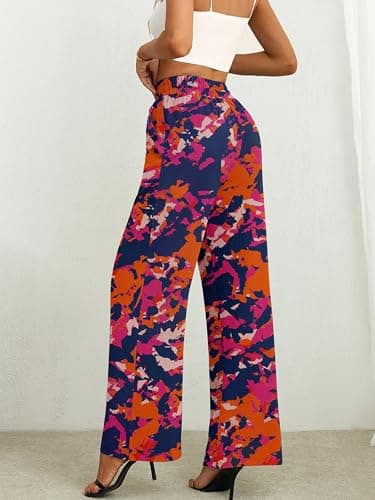 Heymoments Women Wide Leg Pants Rosy Clouds X-Large High Waist Loose Casual Pants Adjustable Tie Knot Belted Long Straight Trousers with Pockets - Thumbnail 3