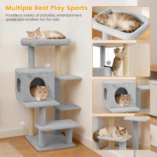 FURFAST 6-Tier Cat Tree Tower, 40 Inch Multi-Level Small Cat Tree for Indoor Cats, Sturdy Cat Tower for Large Cats with Cat Scratching Post, Cat Condo, Plush Toy, Compact Play House (Light Grey) - Thumbnail 4