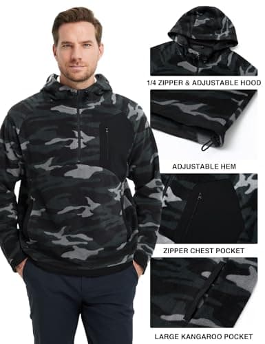 M MAELREG Mens Hoodies Microfleece Winter Warmth Golf Quarter Zip Hoodies Polar Fleece Hooded Sweatshirts for Men Black Camo - Thumbnail 5