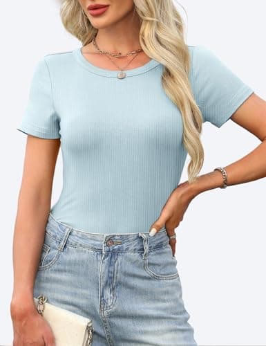 GKBK Crew Neck Short Sleeve Tops for Women Ribbed Fitted Tight Shirts Layering Top Basic Tee Tshirts Cute Summer Tops Casual Spring Clothes Outfits 2026 Trendy Light Blue - Thumbnail 3